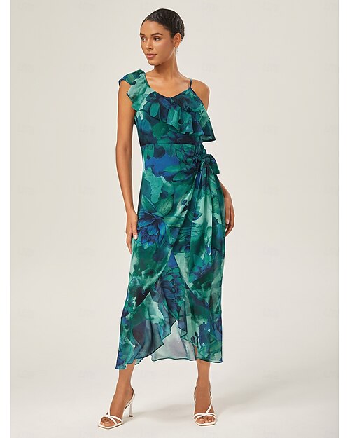 Femmes Féminin Robe Décontractée Robes Péplum Robe Midi Vert Sans manches Manche Courte imprimé Épanouissement A Volants Floral Lien avant Été Printemps & Été Asymétrique Élégant Romantique S M L