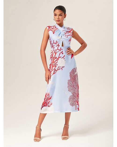 Mulheres Feminino Vestido casual Vestido Longo Vestido Maxi Azul Sem Manga oceano Estampado Verão Colarinho Cruzado Elegante Férias XS S M