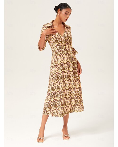Mulheres Feminino Vestido casual Vestido Longo Vestido Maxi Marron Manga 3/4 Geométrica Imprimir Verão Outono Estações Cruzadas Decote V Colarinho de Camisa Férias Boêmio XS S M