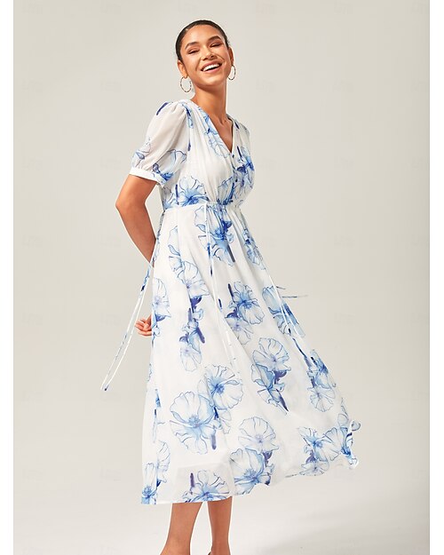 Femmes Féminin Robe Décontractée Bleu Manches courtes Floral Été Col en V Loisir XS S M