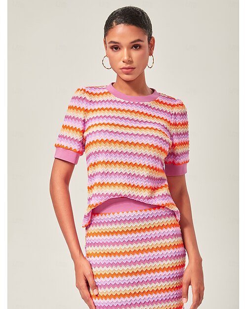 Damen Weiblich Freizeithemd Lässig T-Shirt Ärmel Rosa Kurzarm Elegant Bohemien Urlaub Rundhals Sommer