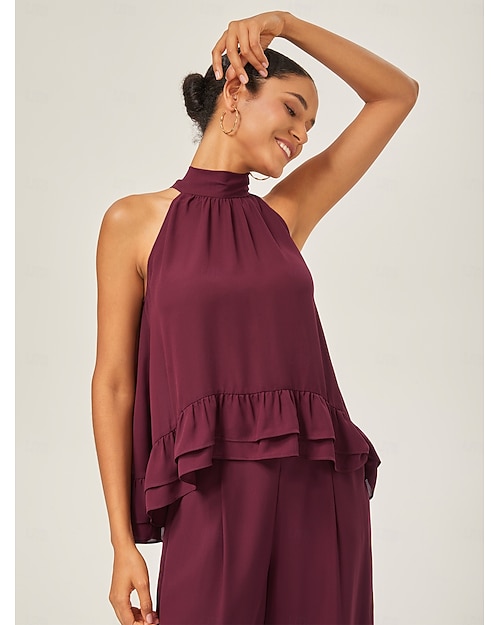 Damen Halfter Einheitliche Farbe Burgunderrot Rüsche Ärmellos Elegant Täglich Neckholder Sommer
