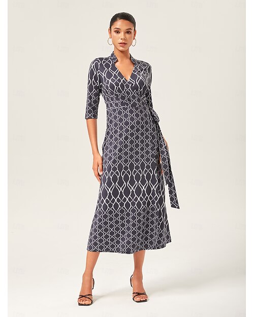 Damen Wickelkleid Langes Kleid Maxikleid Schwarz Halbärmel Geometrisch Sommer Herbst V Ausschnitt Urlaub XS S M