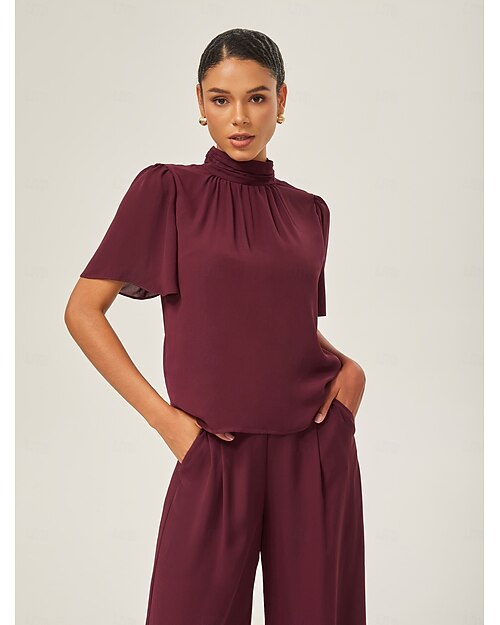 Per donna Femminile Camicia casual Semplice Casuale Manica a Balze Vino Maniche Corte Elegante Vacanza Collo Alto Estate Interstagionale
