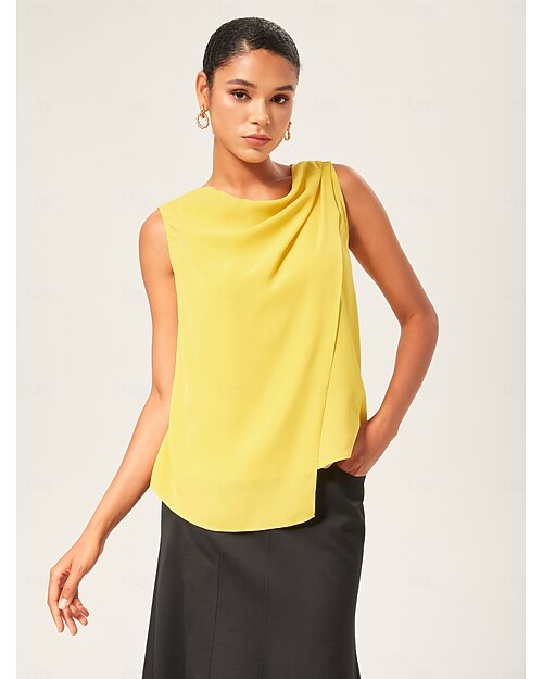 Damen Weiblich Freizeithemd Lässig Ärmellos Gelb Ärmellos Elegant Bohemien Urlaub Rundhalsausschnitt Sommer Frühling Ganzjahresmode