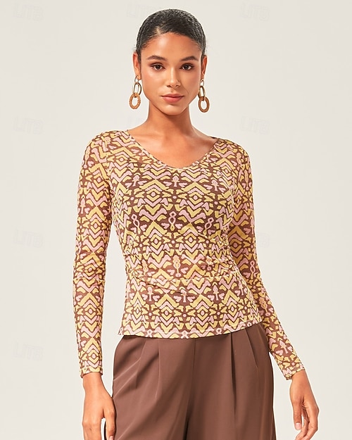 Damen Weiblich Bottoming-Shirt Geometrisch Lässig Bischofsärmel Braun Langarm Elegant Bohemien Modern Rundhalsausschnitt Sommer Herbst Ganzjahresmode