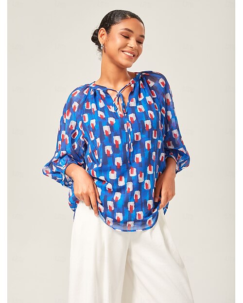 Mulheres Feminino Camisa casual Abstrato Casual Bispo Azul Manga Longa Elegante Boêmia Férias Colarinho de Camisa Verão