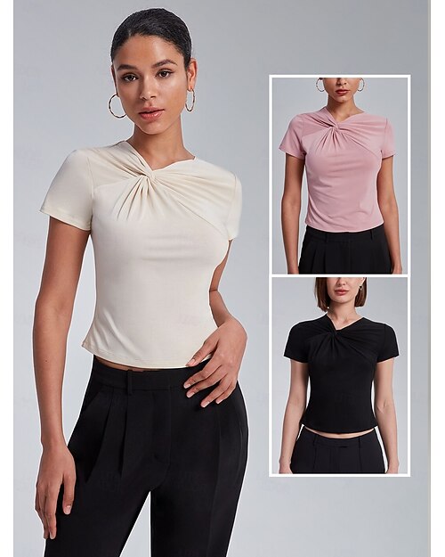 Damen Einfarbig Arbeit Sport & Outdoor Alltagskleidung Kappe Schwarz Rosa Beige Gedreht Schmale Passform Kurzarm Mode Alltagstauglich Alltagskleidung V Ausschnitt Frühling