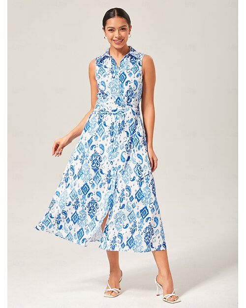 Damen Weiblich Freizeitkleid Midikleid Blau Ärmellos Abstrakt Abstrakte Kunst Druck Sommer Hemdkragen Elegant Urlaub XS S M