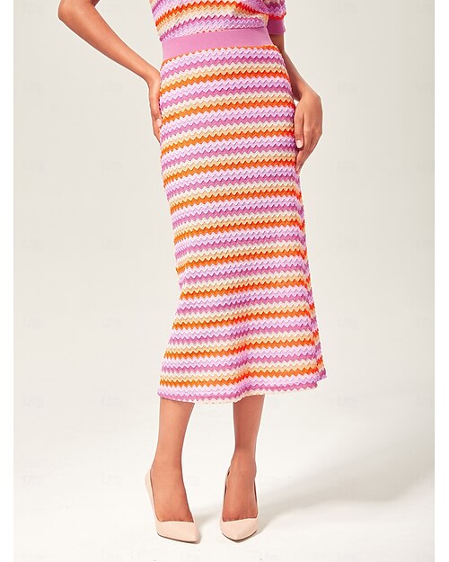Damen Weiblich Midi Gestrickt Elastisch gewebter Satin Rosa Röcke Sommer Frühling Hohe Taille Elegant Bohemien Lässig XS S M
