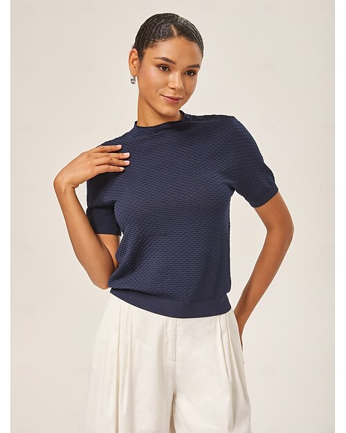 Femmes Féminin Polo en maille torsadée Uni Occasionnel Tee-shirt bleu marine Manche Courte Élégant Moderne Col ras du cou Été Automne