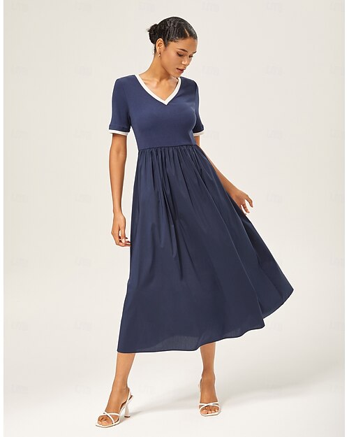 Weiblich Freizeitkleid Dunkelblau Kurzarm Kurze Ärmel Einfarbig Sommer Frühling Herbst V Ausschnitt Elegant Modern XS S M