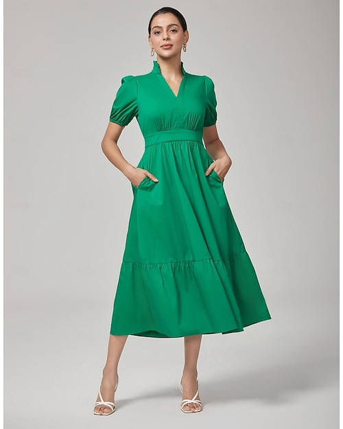 Femminile Vestito Casual Verde Maniche Corte Semplice Manica a sbuffo Estate Primavera Autunno Scollo a V Regina Anna Elegante Moderno XS S M