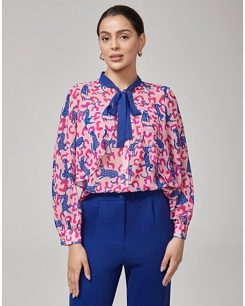 Femmes Féminin Chemise Décontractée Motif Léopard Occasionnel Rose Claire Graphique Manche Courte manche longue Élégant Bohème Contemporain Col à lacets Printemps Automne Inter-saisons