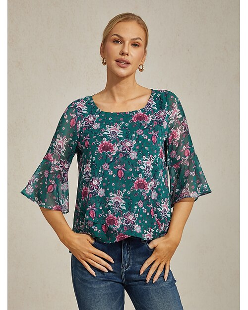 Mujer Flores Casual Verde Trébol Estampado 3/4 de Mangas Elegante Ronda Verano Primavera Otoño