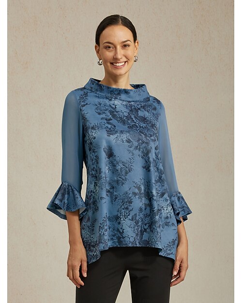 Chemisier femme gris bleu fleuri col montant manches à empiècements transparents ourlet asymétrique coupe confortable décontracté vacances printemps été automne