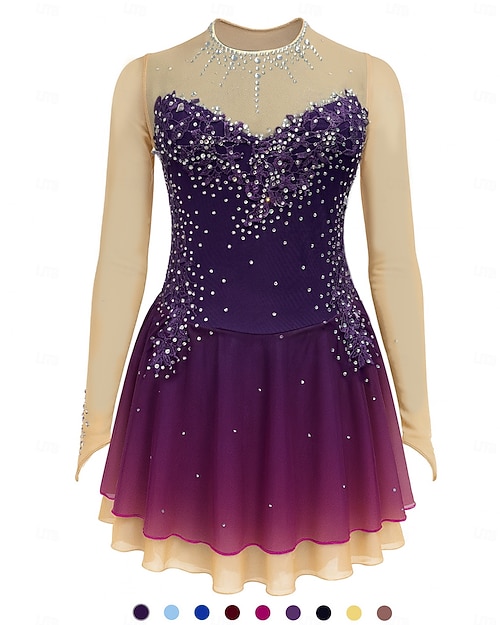 Eiskunstlaufkleid Damen Mädchen Eislaufen Kleider Gelb Dunkellila Pudriges Rosa Patchwork Blume Gitter Spandex Hochelastisch Wettbewerb Eiskunstlaufkleidung Handgemacht Blumen Langarm Eislaufen