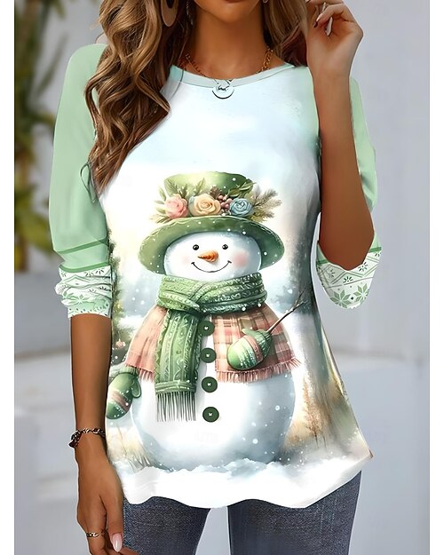 Natal Mulheres Camiseta Gráfico Boneco de Neve Vintage Moda à moda Manga Longa Gola Redonda Decote Redondo Tops regulares Diário Final de semana Imprimir Azul Verde Claro Rosa Vermelho Laranja Outono