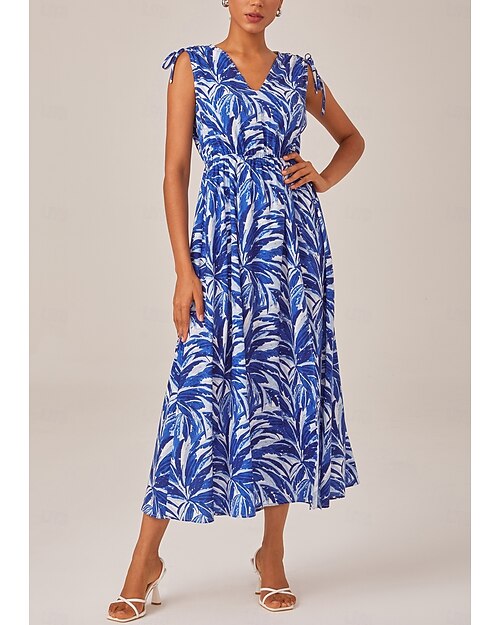 Femmes Féminin Robe Décontractée Robe Longue Maxi Robe Bleu Roi Sans manches Floral Impression Été Col en V Vacances Bohème XS S M