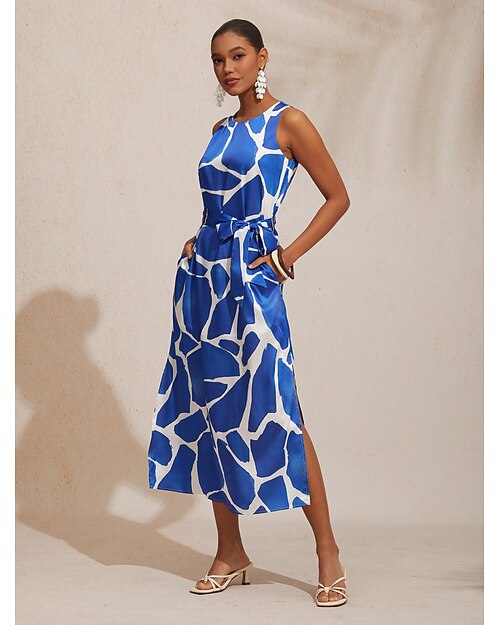 Urlaubs-Maxikleid aus Satin mit geometrischem Farbblockmuster und gerader Passform