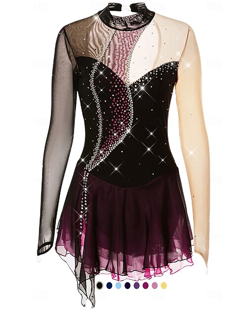 Figure Skating Dress Women's Girls' Ice Skating Dress Outfits Light Purple Dark purple Black and Purple Open Back Mesh Spandex High Elasticity Competition Skating Wear Handmade Crystal / Rhinestone