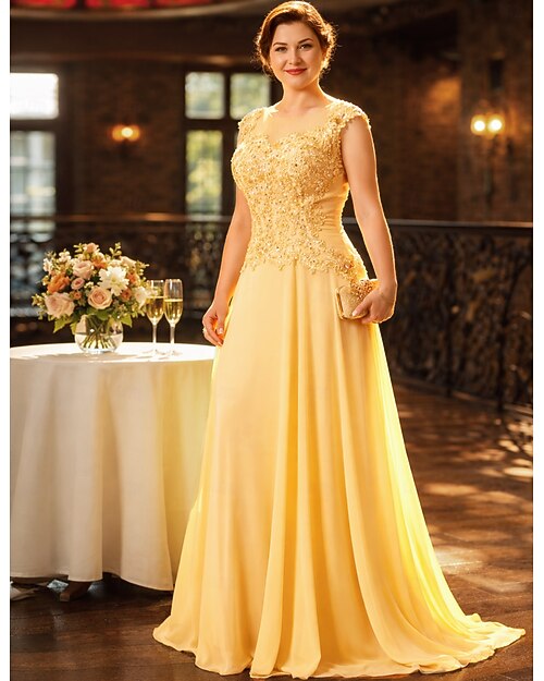 Ligne A Traîne Balayage Robe d'invité de mariage Robe de Cérémonie Robe de soirée Robe de Mère de Mariée  Manche Courte Col Illusion Élégant Grande taille Soirée robe demoiselle d honneur Occasion