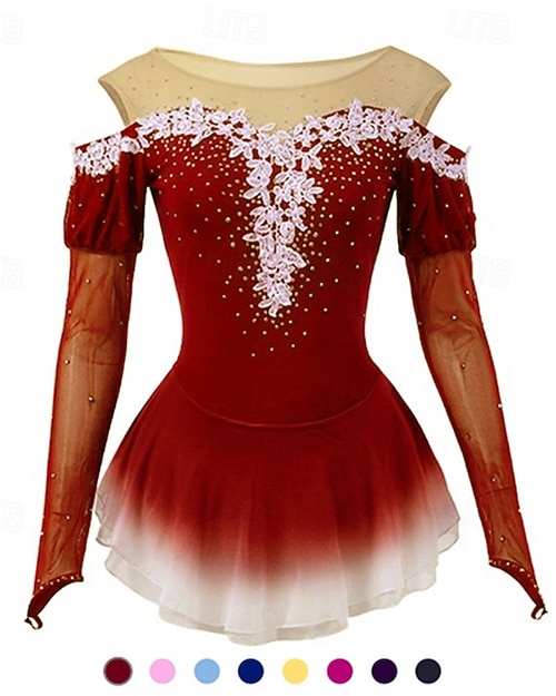 Eiskunstlaufkleid Damen Mädchen Eislaufen Kleider Gelb Rosa Dunkellila Patchwork Gitter Spandex Hochelastisch Wettbewerb Eiskunstlaufkleidung Kristalle Dummes Licht Modisch Langarm Eislaufen