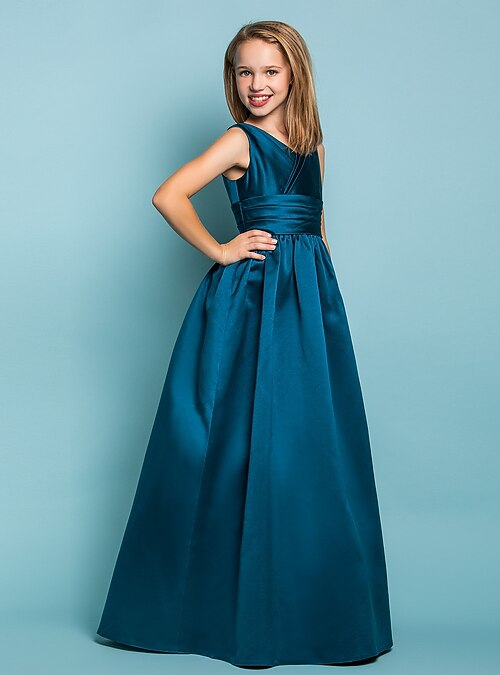 Princess Floor Length V Neck Satin Summer Junior Bridesmaid Dresses&Gowns  With Sash / Ribbon Blue Kids Wedding Guest Dress 4-16 Year 2026 - $79.99