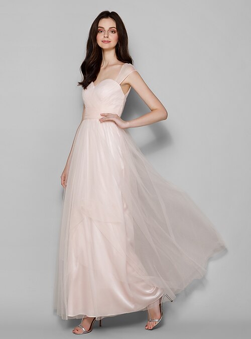 Sheath / Column Queen Anne Floor Length Tulle Bridesmaid Dress with Criss Cross by LAN TING BRIDE / Open Back 2026 - $115.99 Sheath / Column Queen Anne Floor Length Tulle Bridesmaid Dress with Criss Cross by LAN TING BRIDE / Open Back 2026 - $115.99