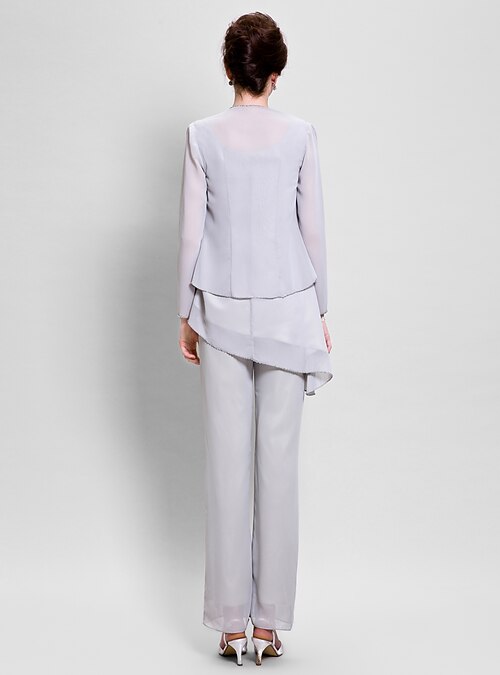 completo pantalone Abito da cerimonia per signora Taglia forte Elegante  Girocollo Lungo Chiffon Senza maniche con Perline 2022 del 2022 a US $104.99