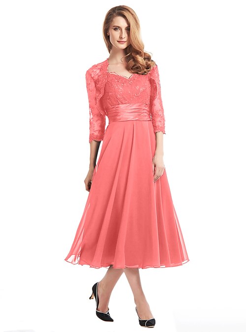 Coral Mother of the Bride Dresses Tea Length