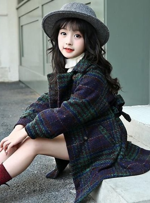 Girls' Check Plaid Long Sleeve Long Cotton Jacket & Coat 2023 - US