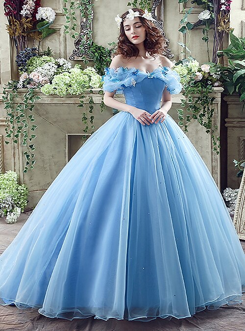 Lightinthebox Evening Gown Sexy Dress Quinceanera Chapel Train Short Sleeve Off Shoulder Satin with Appliques 2022 Pool US 2 UK 6 EU 32