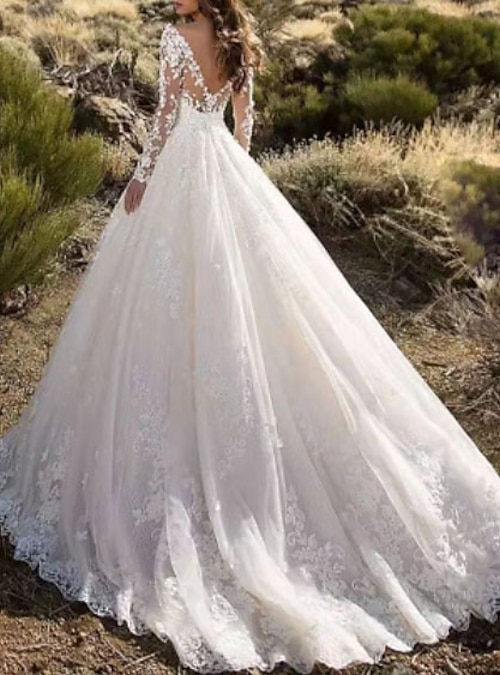 Lace Applique Long sleeves Illusion back wedding dress UK tailor 4-28 