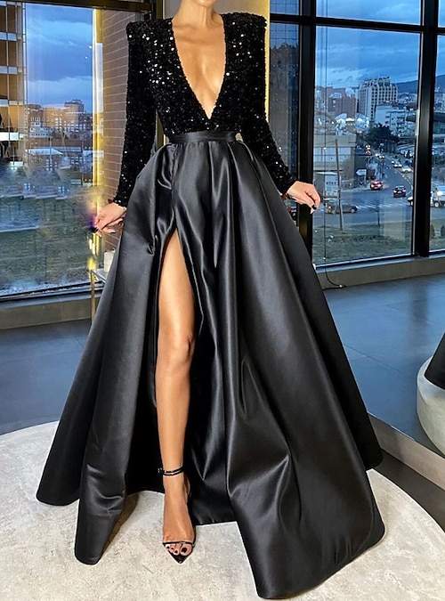 Ball Gown Evening Black Dress Plus Size Sparkle Dress Wedding Party  Birthday Floor Length Long Sleeve V Neck Pocket Satin with Sequin Pocket  2024 2024 - $164.99