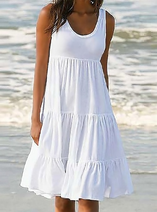 Plus Size Women's Solid O-Neck Loose Sleeveless Pleated Mid-Length Beach Dress 