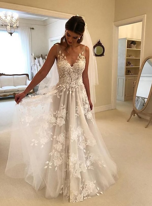 Beach Boho Wedding Dresses A-Line V Neck Sleeveless Sweep / Brush Train Lace  Bridal Gowns With Appliques 2024 2024 - $203.99