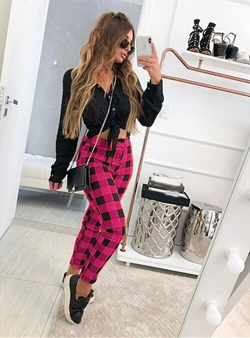 Mujer Básico Chinos pantalones Pantalones Cuadros A Cuadros Media cintura  Corte Ancho Azul Piscina Negro Fucsia Rojo Amarillo S M L XL XXL 2022 - US  $14.68