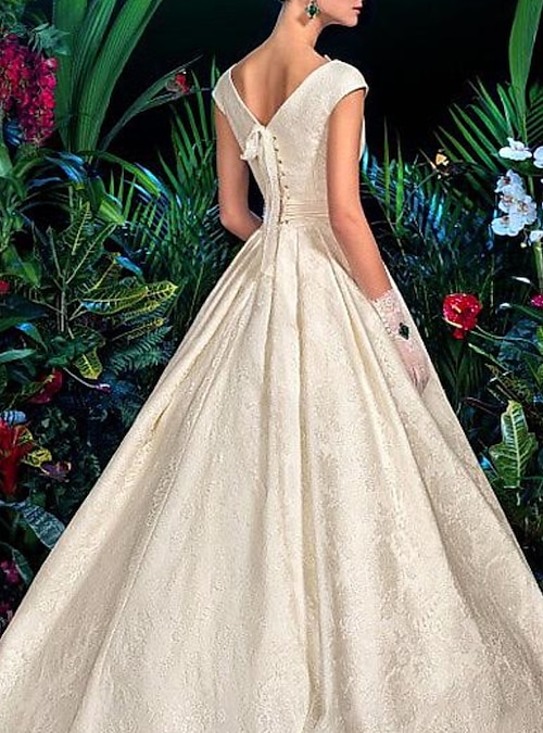 Engagement Vintage 1940s / 1950s Formal Wedding Dresses A-Line V Neck Cap Sleeve Sweep / Brush Train Satin Bridal Gowns With Sashes / Ribbons Embroidery 2024 2026 - $287.49 Engagement Vintage 1940s / 1950s Formal Wedding Dresses A-Line V Neck Cap Sleeve Sweep / Brush Train Satin Bridal Gowns With Sashes / Ribbons Embroidery 2024 2026 - $287.49
