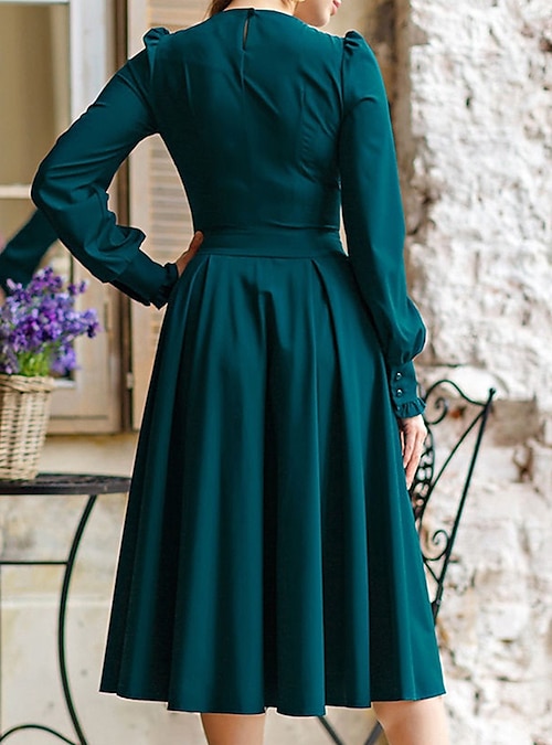Women Knee-length Dress  Elegant A-line Long Sleeve Ruffles Loose Swing Dress