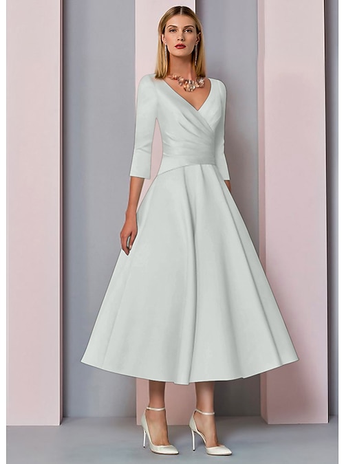 A-line V Neck Full/Long Sleeve Tea-Length Chiffon Mother of the Bride Dress  With Pleated Waistband - Mother of the Bride Dresses - Stacees