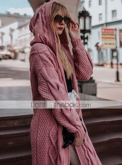 Casual Knitted Long Outerwear with Hood Braid Knit Cardigan Hooded Sweater Coat 
