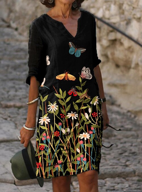 Per donna Vestito a trapezio Abito al ginocchio Nero Mezza manica Floreale  Animali Stampa Primavera Estate A V caldo Informale Largo 2022 M L XL XXL  3XL del 2022 a US $21.75