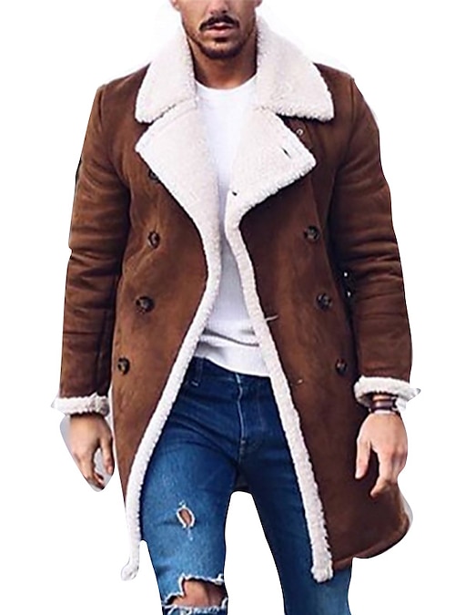 Luxfan Men Winter Lapel Neck Double Breasted Faux Fur Shearling Lined Long Suede Jacket Coat