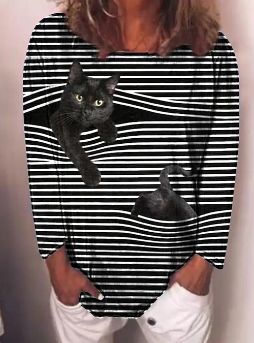 shirt Tee Striped Cat Long Sleeve 