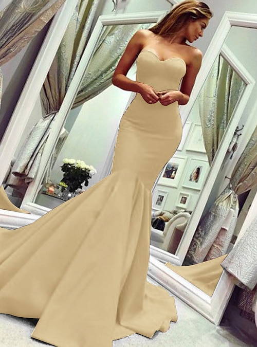beige mermaid prom dress Sweetheart Sweep Train Pink Mermaid Prom Dress Evening Dress PG355 US4 / Custom Color