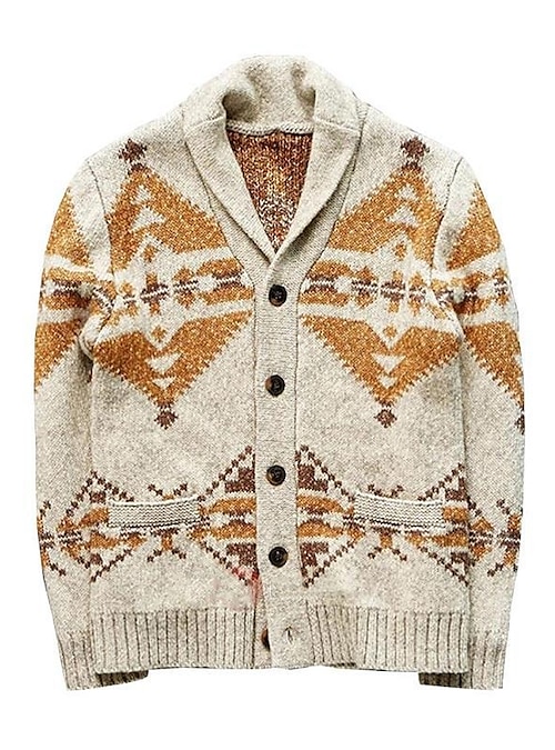 Men's Unisex Cardigan Vintage Style Retro Knitted Jacquard Geometric  Stylish Sweaters Long Sleeve Sweater Cardigans Shirt Collar Fall Winter  Khaki