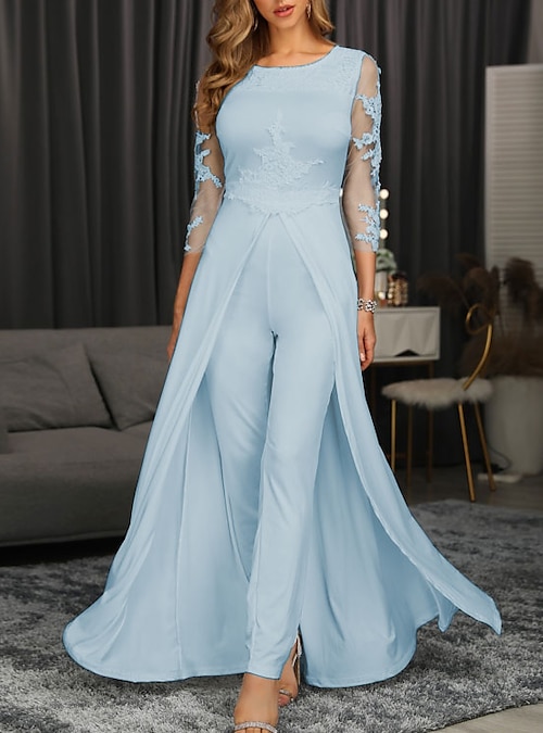 Jumpsuits Evening Gown Elegant Dress Wedding Party Floor Length 3/4 Length  Sleeve Jewel Neck Detachable Chiffon with Overskirt Appliques 2024 2024 -  $128.99