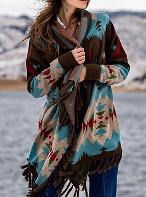 Women's Cardigan Tassel Print Geometric 