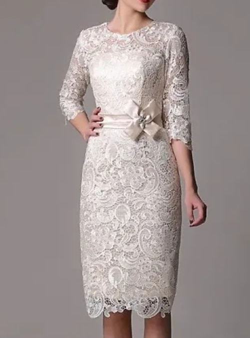 Sheath / Column Cocktail Dresses Elegant Dress Engagement Cocktail Party  Knee Length Half Sleeve Jewel Neck Fall Wedding Guest Lace with Bow(s) Lace  Insert 2026 - $150.99